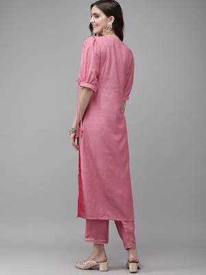 Indo Era Pink Solid Straight Kurta Trouser Set 2