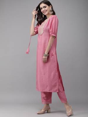 Indo Era Pink Solid Straight Kurta Trouser Set 3