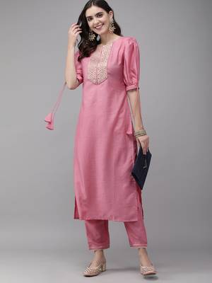 Indo Era Pink Solid Straight Kurta Trouser Set 4
