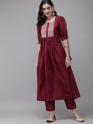 Indo Era Wine Solid A-line Kurta Trouser Set 1