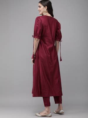 Indo Era Wine Solid A-line Kurta Trouser Set 2