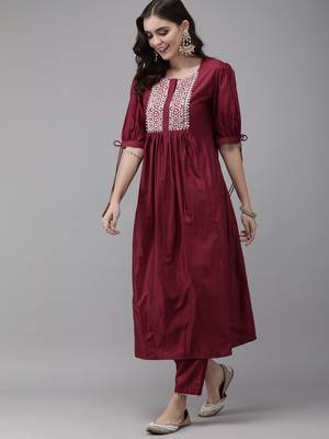 Indo Era Wine Solid A-line Kurta Trouser Set 3