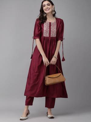 Indo Era Wine Solid A-line Kurta Trouser Set 4