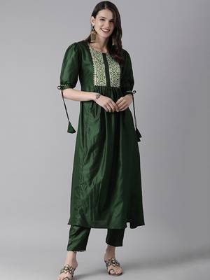 Indo Era Green Solid A-line Kurta Trouser Set 1