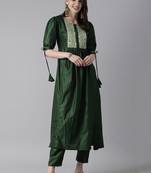 Indo Era Green Solid A-line Kurta Trouser Set