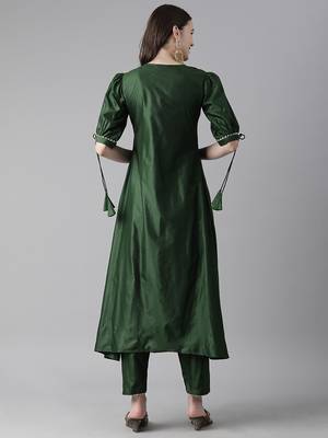 Indo Era Green Solid A-line Kurta Trouser Set 2