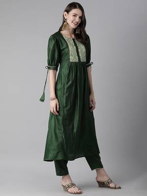Indo Era Green Solid A-line Kurta Trouser Set 3