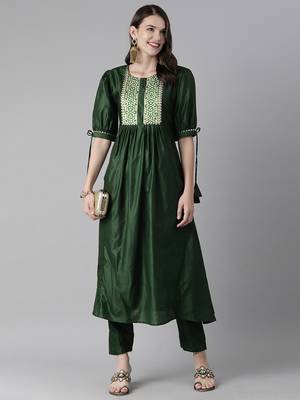 Indo Era Green Solid A-line Kurta Trouser Set 4