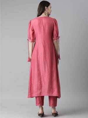 Indo Era Pink Solid A-line Kurta Trouser Set 2