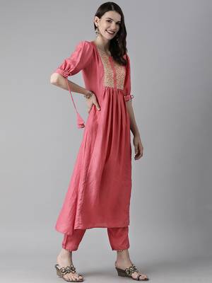 Indo Era Pink Solid A-line Kurta Trouser Set 3