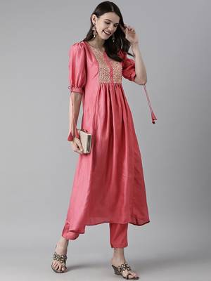Indo Era Pink Solid A-line Kurta Trouser Set 4