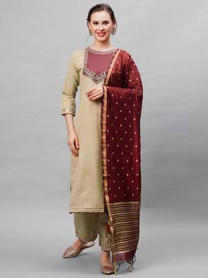 Indo Era Beige Solid Straight Kurta Palazzo with Dupatta Set 1
