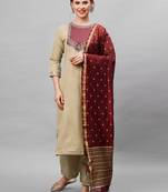 Indo Era Beige Solid Straight Kurta Palazzo with Dupatta Set