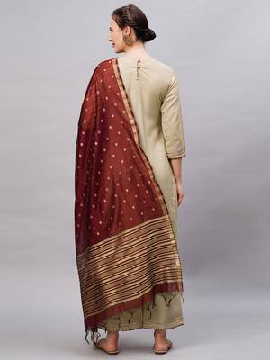 Indo Era Beige Solid Straight Kurta Palazzo with Dupatta Set 2