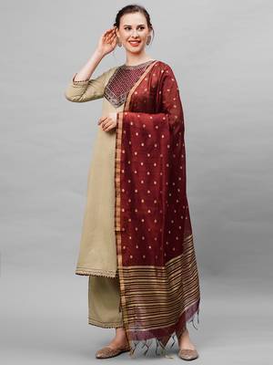 Indo Era Beige Solid Straight Kurta Palazzo with Dupatta Set 3