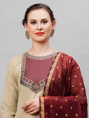 Indo Era Beige Solid Straight Kurta Palazzo with Dupatta Set 4