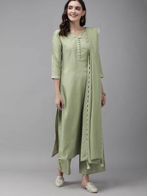 Indo Era Green Solid Kurta Palazzo with Dupatta Set 1