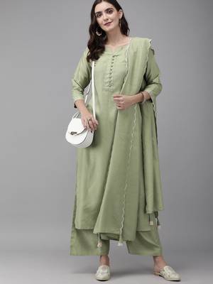 Indo Era Green Solid Kurta Palazzo with Dupatta Set 4
