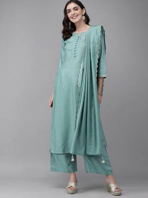 Indo Era Sea Green Solid Kurta Palazzo with Dupatta Set 1