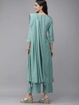 Indo Era Sea Green Solid Kurta Palazzo with Dupatta Set 2