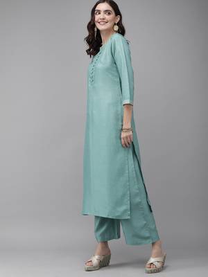 Indo Era Sea Green Solid Kurta Palazzo with Dupatta Set 3