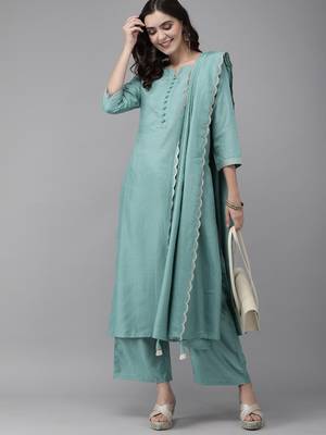Indo Era Sea Green Solid Kurta Palazzo with Dupatta Set 4