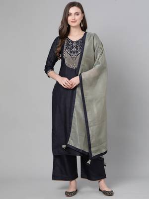 Indo Era Navy Blue Embroidered Straight Kurta with Palazzo Sets 1