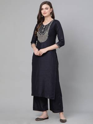 Indo Era Navy Blue Embroidered Straight Kurta with Palazzo Sets 3