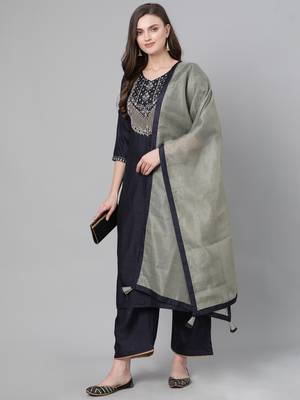 Indo Era Navy Blue Embroidered Straight Kurta with Palazzo Sets 4