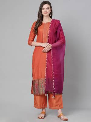 Indo Era Orange Solid Straight Kurta Palazzo with Dupatta Sets 1
