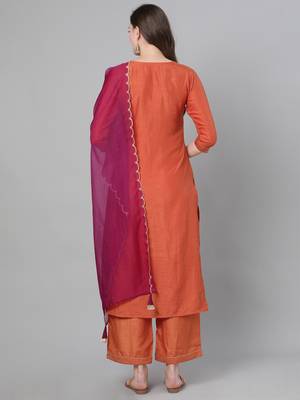 Indo Era Orange Solid Straight Kurta Palazzo with Dupatta Sets 2