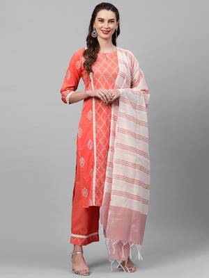 Indo Era Peach Khari Printed Straight Kurta Palazzo with Dupatta Sets 1
