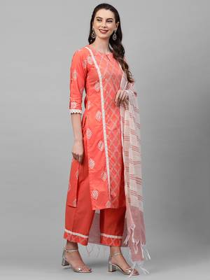 Indo Era Peach Khari Printed Straight Kurta Palazzo with Dupatta Sets 3