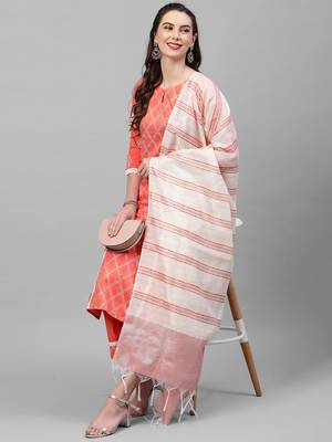 Indo Era Peach Khari Printed Straight Kurta Palazzo with Dupatta Sets 4