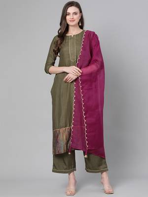 Indo Era Green Solid Straight Kurta Palazzo with Dupatta Sets 1