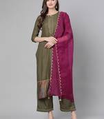 Indo Era Green Solid Straight Kurta Palazzo with Dupatta Sets