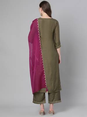 Indo Era Green Solid Straight Kurta Palazzo with Dupatta Sets 2