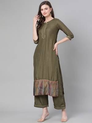 Indo Era Green Solid Straight Kurta Palazzo with Dupatta Sets 3
