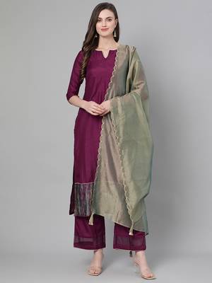 Indo Era Wine Solid Straight Kurta Palazzo with Dupatta Sets 1