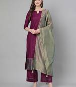 Indo Era Wine Solid Straight Kurta Palazzo with Dupatta Sets