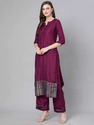 Indo Era Wine Solid Straight Kurta Palazzo with Dupatta Sets 3