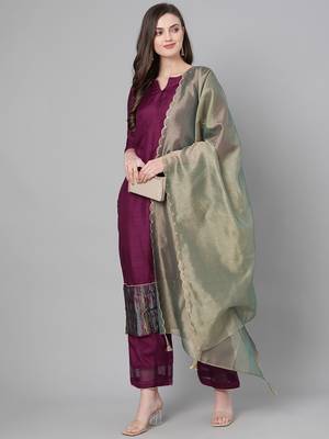 Indo Era Wine Solid Straight Kurta Palazzo with Dupatta Sets 4