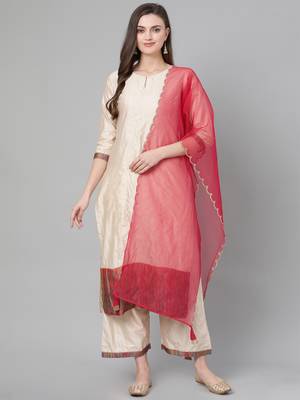Indo Era Off White Solid Straight Kurta Palazzo with Dupatta Sets 1
