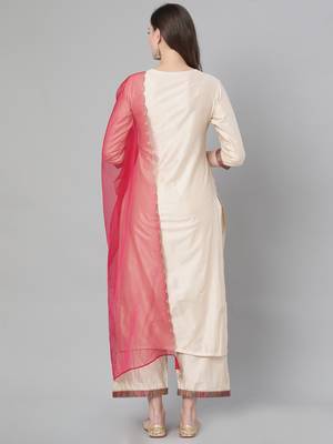 Indo Era Off White Solid Straight Kurta Palazzo with Dupatta Sets 2