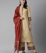 Indo Era Beige Solid Straight Kurta Palazzo with Dupatta Set