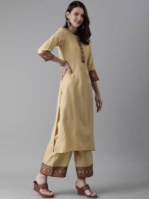 Indo Era Beige Solid Straight Kurta Palazzo with Dupatta Set 3