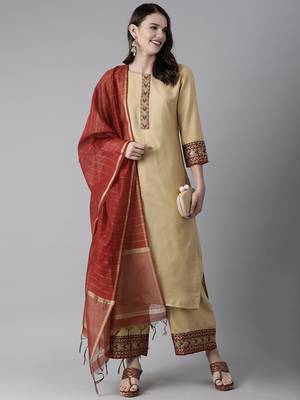 Indo Era Beige Solid Straight Kurta Palazzo with Dupatta Set 4