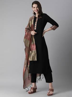 Indo Era Black Solid Straight Kurta Trouser With Dupatta Set 1