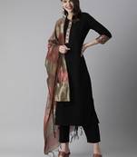 Indo Era Black Solid Straight Kurta Trouser With Dupatta Set