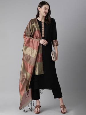 Indo Era Black Solid Straight Kurta Trouser With Dupatta Set 4